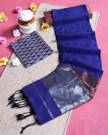 Handloom Traditional Khadi Cotton Saree with Woven Border and Contrast Printed Blouse Piece - Royal Blue