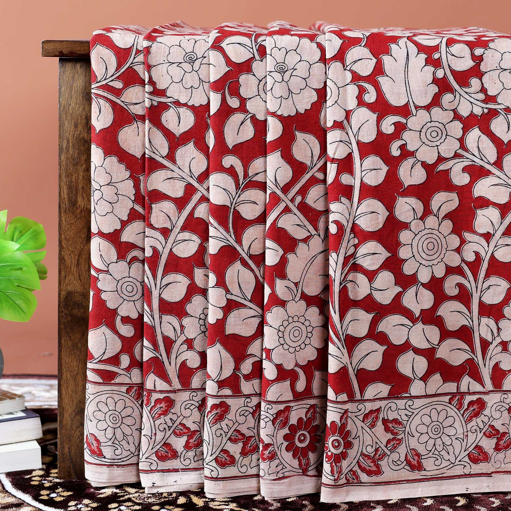 Handloom Kalamkari Cotton Saree with Traditional Floral & Leafy Motifs - Red