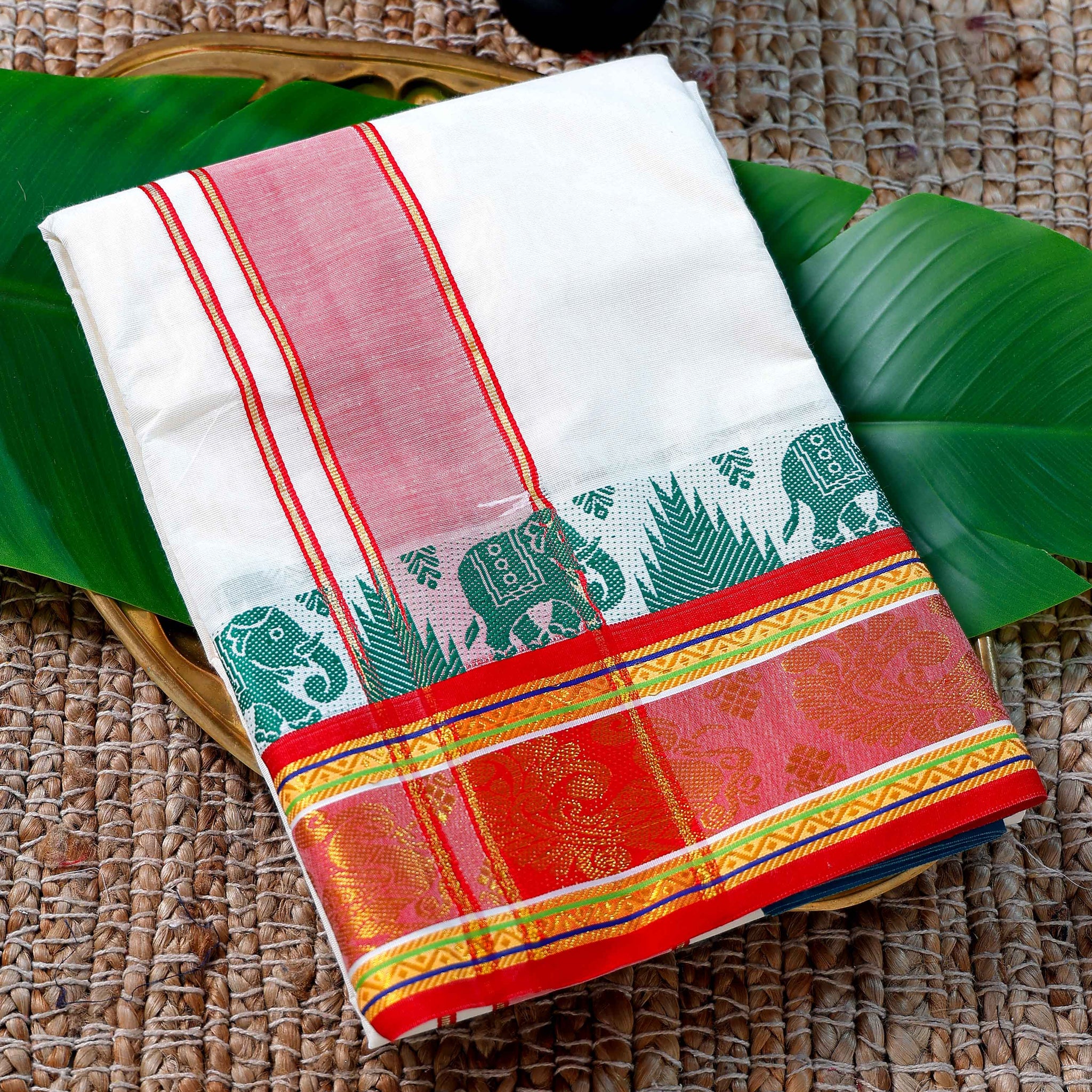 Men’s Cotton Dhoti with Red Colour Border - White