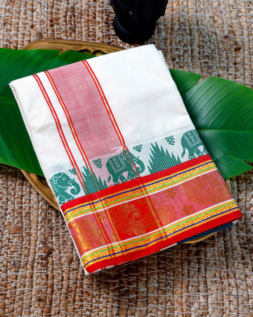 Men’s Cotton Dhoti with Red Colour Border - White