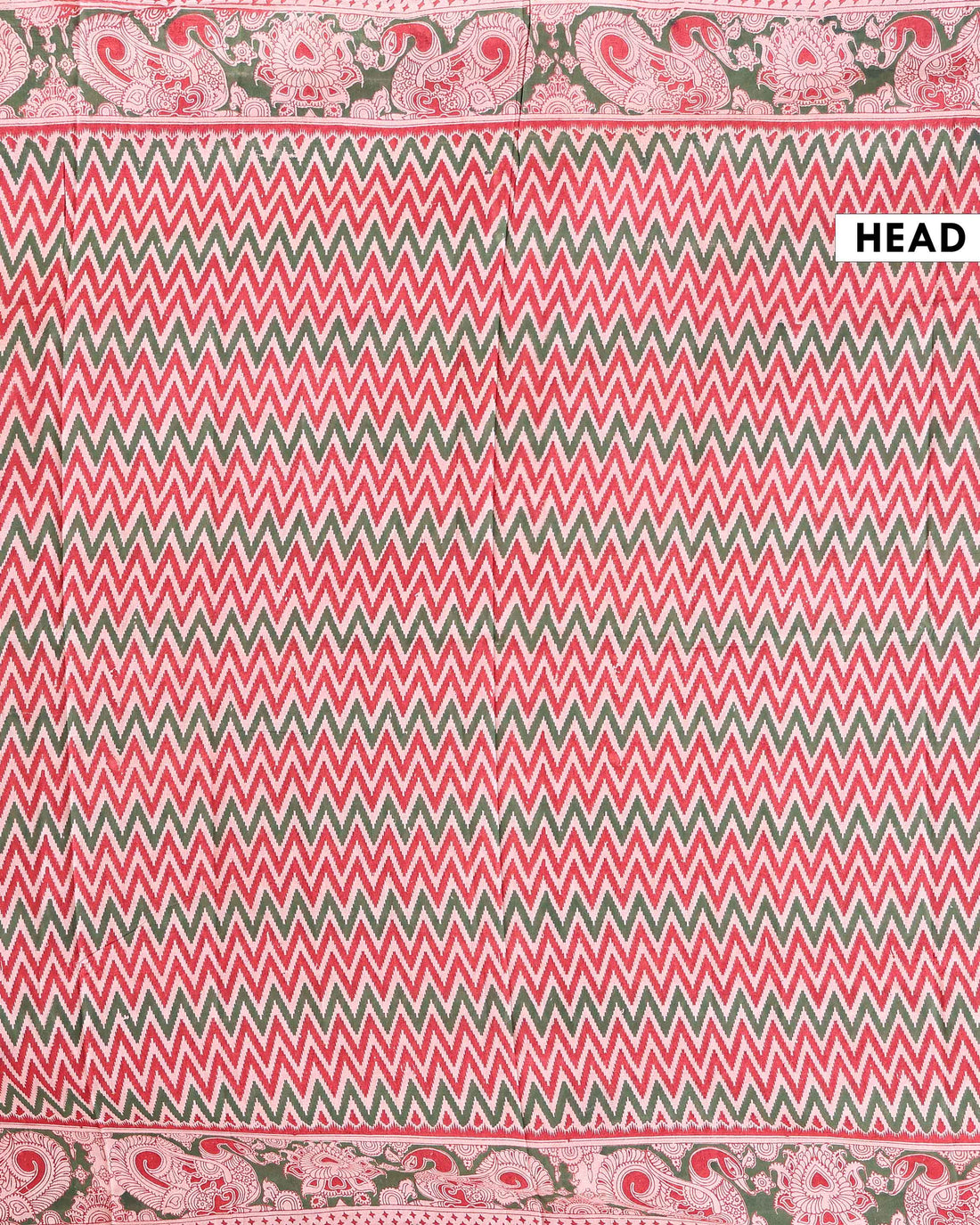 Traditional Kalamkari Print Cotton Saree with Zigzag Pattern and Floral Border - Multi