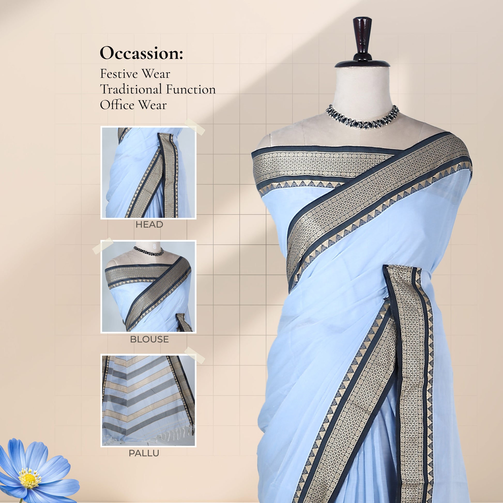 Light Blue Mangalagiri Cotton Saree With Traditional Woven Border And Striped Pallu-Front View 