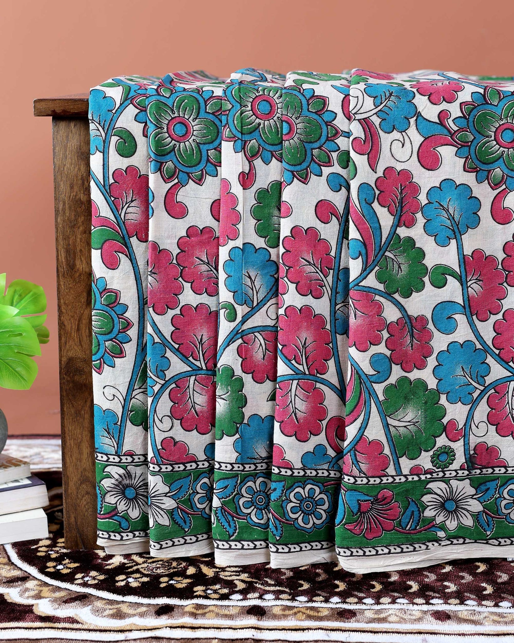 Traditional Kalamkari Print Cotton Saree with Floral Motifs - Cream