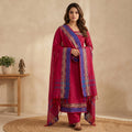 Womens Ethnic Unstitched Salwar Material With Elephant Zari Border Red Color And Blue Border Dupatta Front View