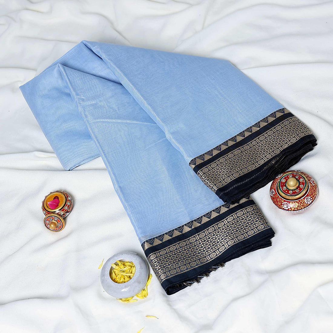 Light Blue Mangalagiri Cotton Saree for Women | Festive Summer Collection | Jeyachandran - Full View