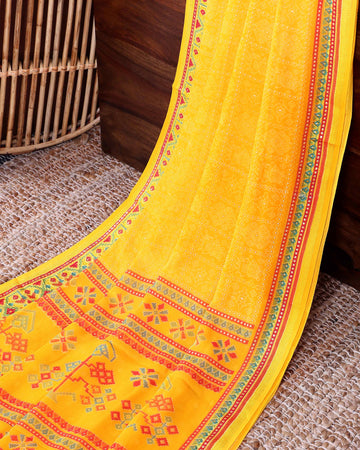 Elegant Lightweight Georgette Saree with Intricate Tribal Inspired Bandhani Motifs and Decorative Woven Border - Yellow
