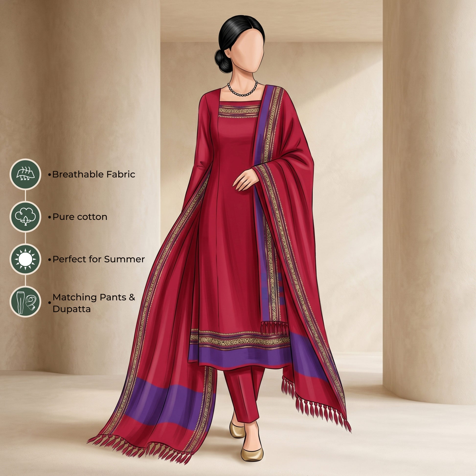 Women's Pure Cotton Salwar Material In Red With Matching Pants And Dupatta - Front View