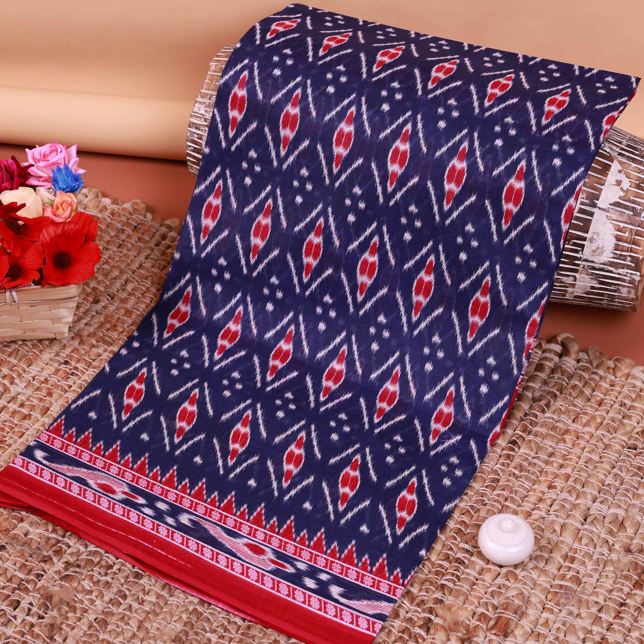 All-Over Floral Printed Voile Saree with Intricate Contrast Border – Navy Blue