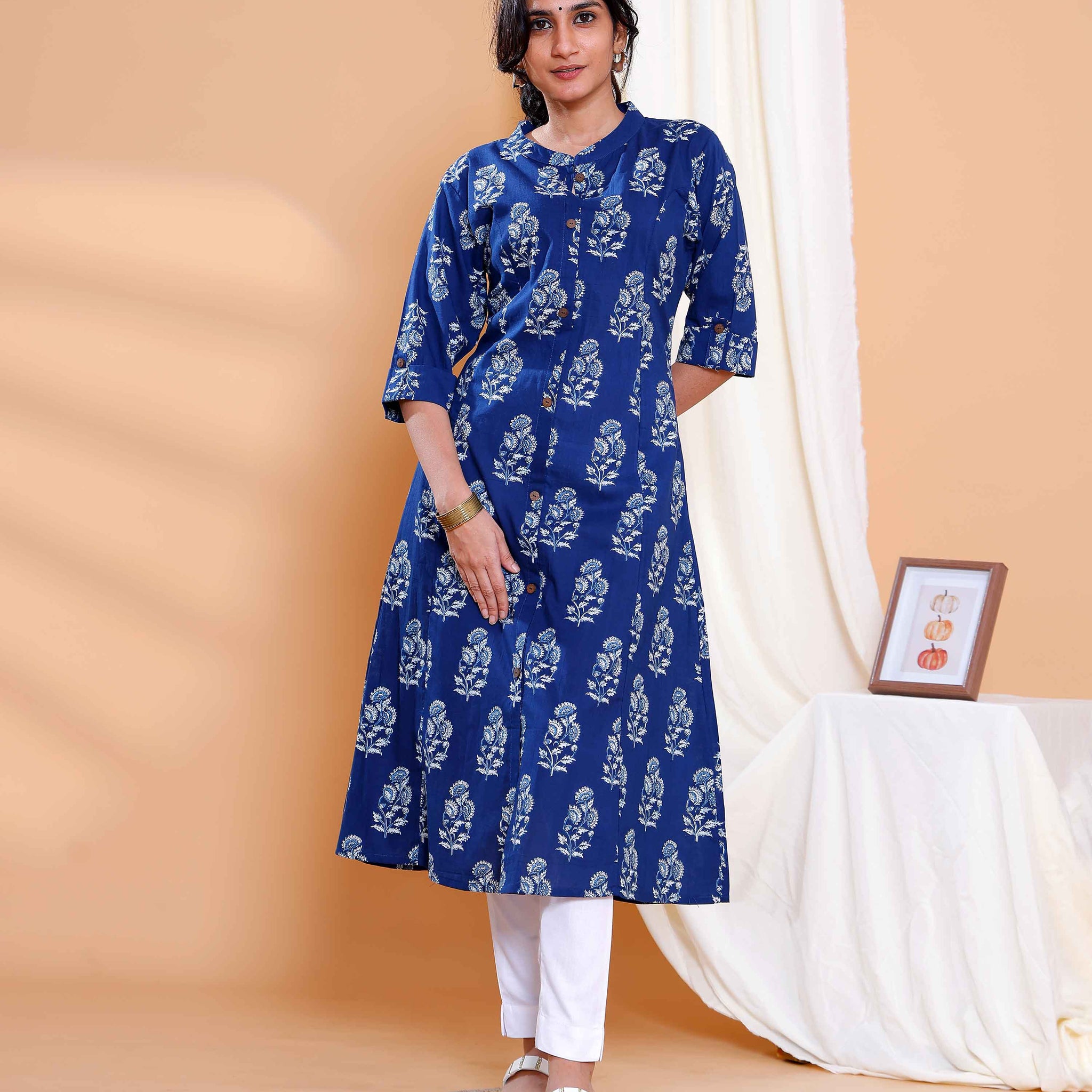 Navy Blue Floral Printed A-Line Kurta with Round Neck and Button Detailing