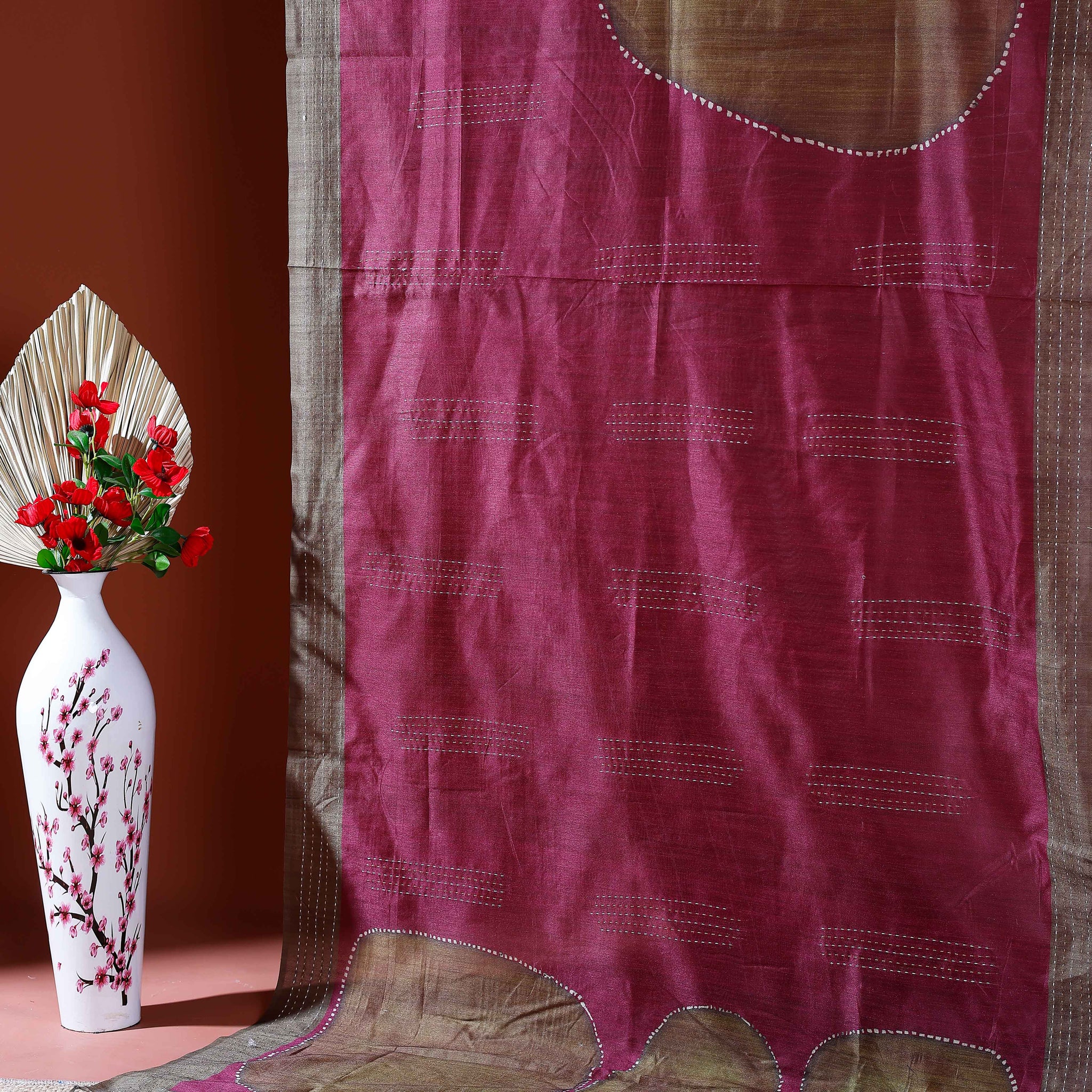 Handcrafted Kantha Cotton Saree with Contrast Patch Design and Intricate Stitch Embroidery - Pink
