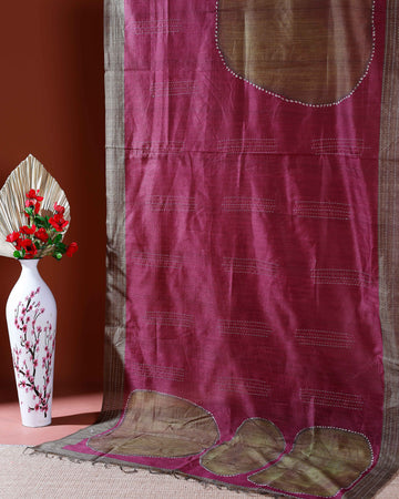 Handcrafted Kantha Cotton Saree with Contrast Patch Design and Intricate Stitch Embroidery - Pink