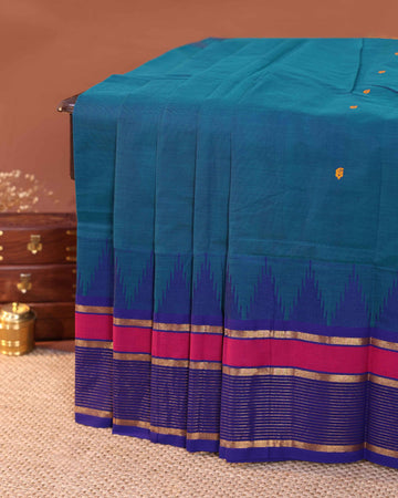 Traditional Handloom Chettinad Cotton Saree with Allover Butti and Contrast Zari Woven Temple Rettapet Border - Blue