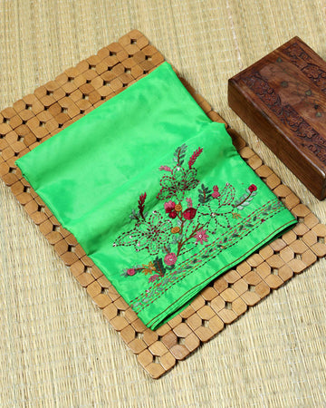 Elegant Hand Embroidered Floral Women’s Blouse Material with Traditional Thread Work Border - Green