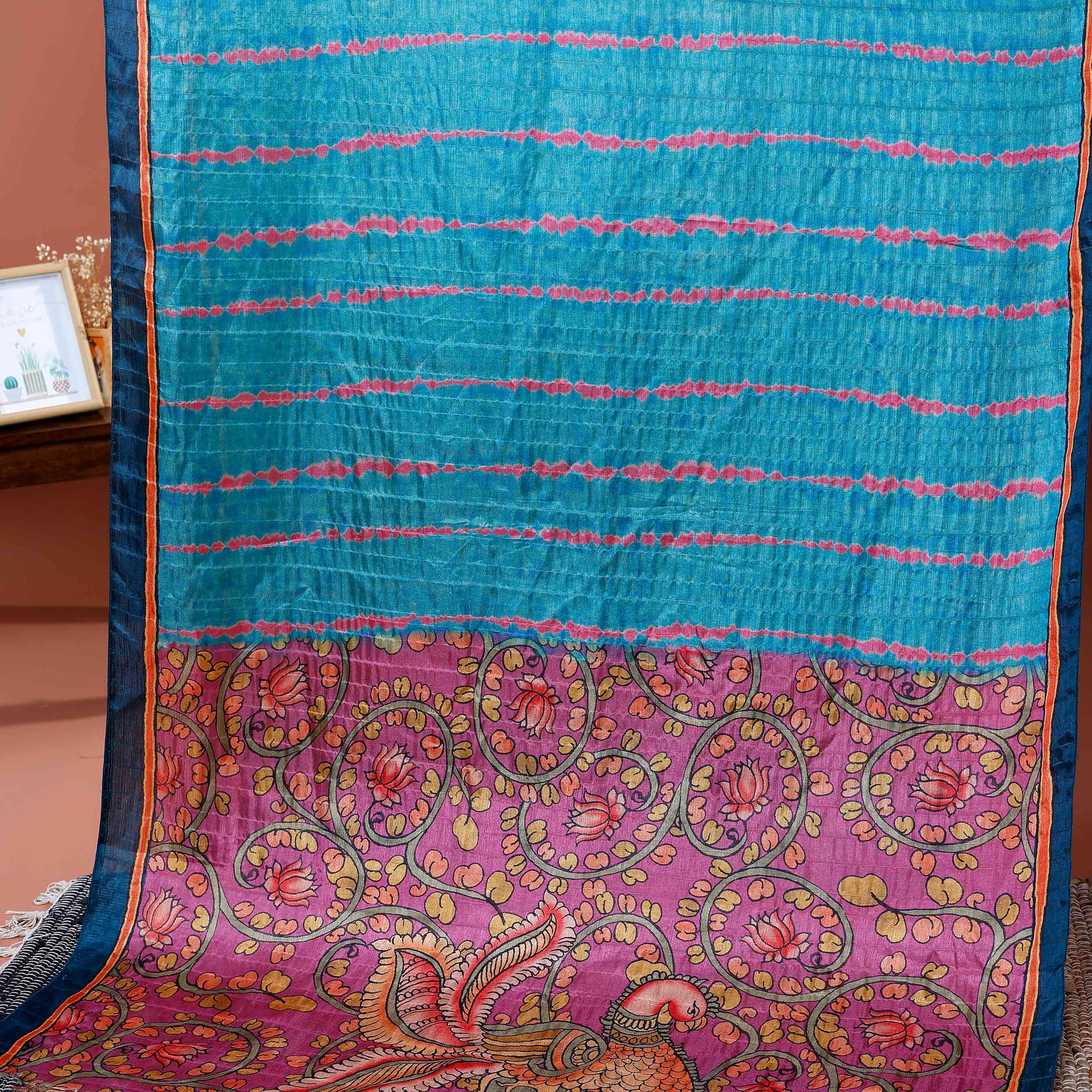 Elegant Semi Tussar Silk Saree with Intricate Nature-Inspired Patterns and Textured Stripes - Teal