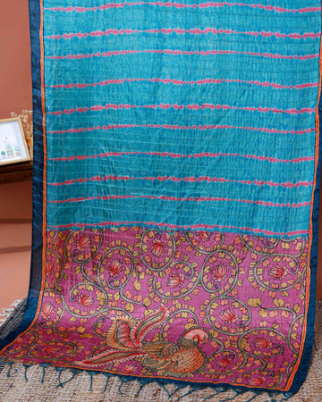 Elegant Semi Tussar Silk Saree with Intricate Nature-Inspired Patterns and Textured Stripes - Teal