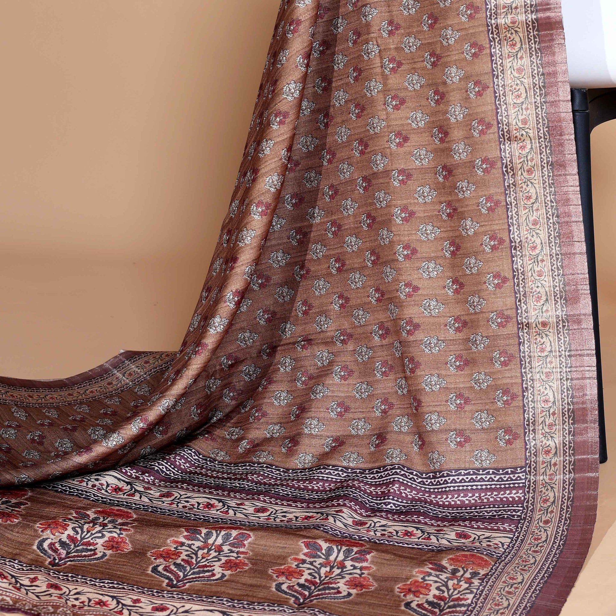 Brown Colour Art Silk Saree with Small Floral Buti Weave and Black Border