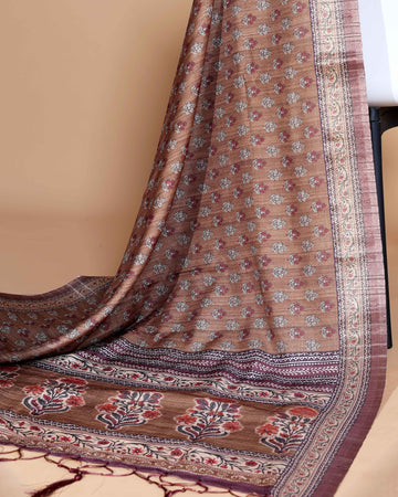 Brown Colour Art Silk Saree with Small Floral Buti Weave and Black Border