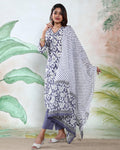 Women’s Readymade Salwar Suit Set with Floral Printed Straight Kurta, Pants & Striped Dupatta, Grey