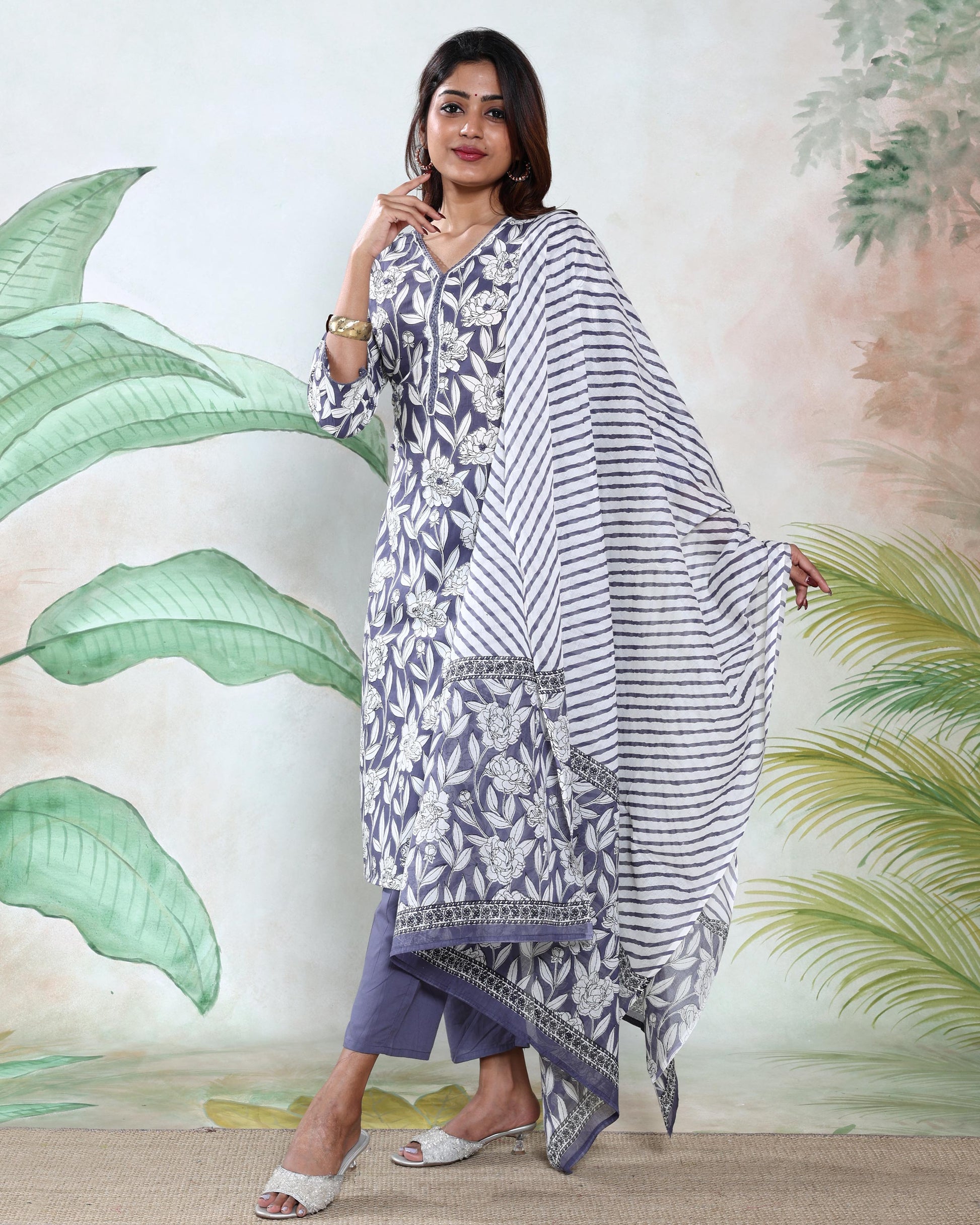 Women’s Readymade Salwar Suit Set with Floral Printed Straight Kurta, Pants & Striped Dupatta, Grey