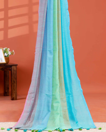Handwoven Mul Mul Cotton Saree with Bold Striped Pattern and Tassel Detailing – Multi