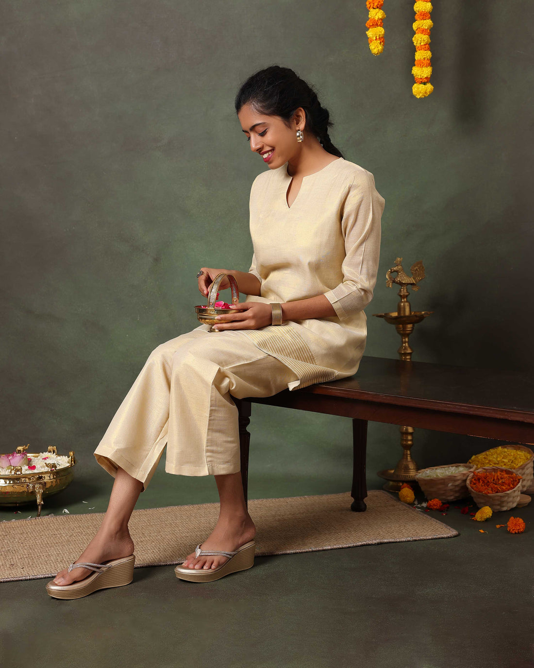 Graceful Women’s Tissue Kurta Set with Straight Pants and Subtle Zari - Sandal