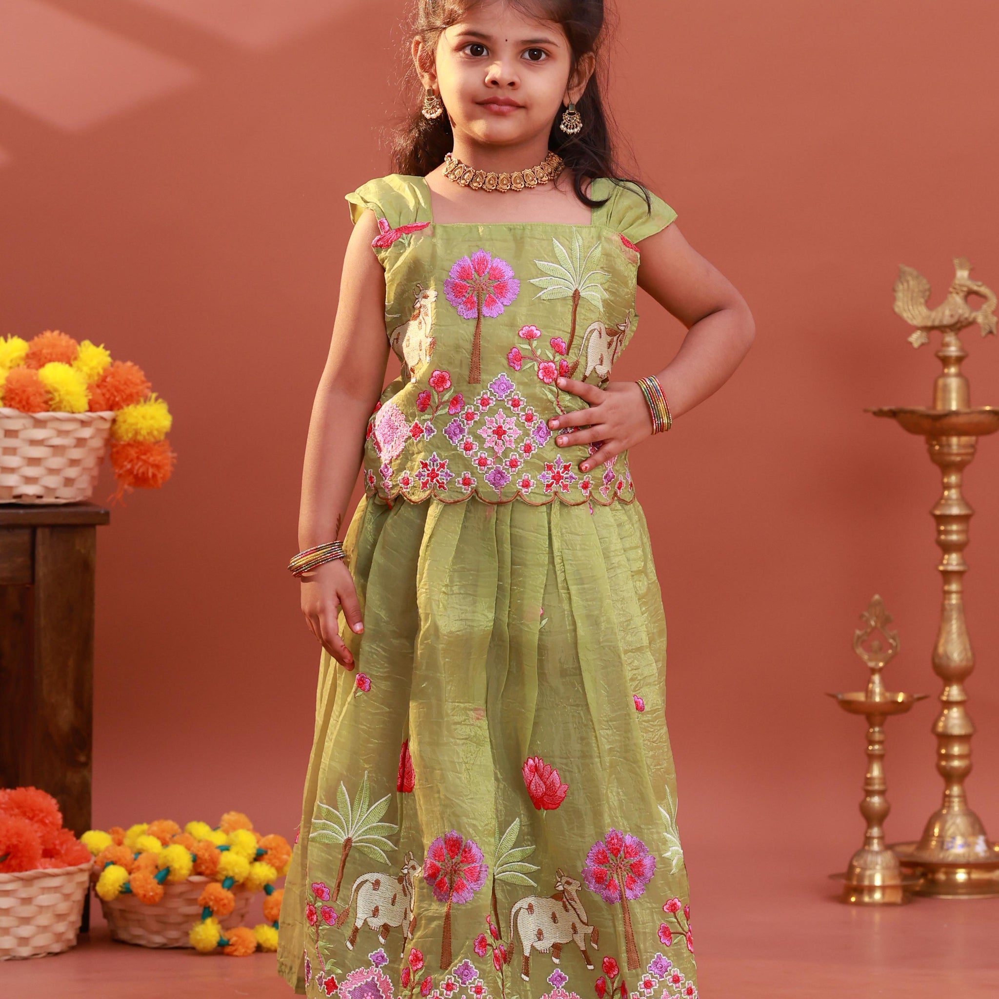 Traditional Kids Readymade Pattu Pavadai Set with Zari and Floral Work - Green