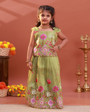 Traditional Kids Readymade Pattu Pavadai Set with Zari and Floral Work - Green