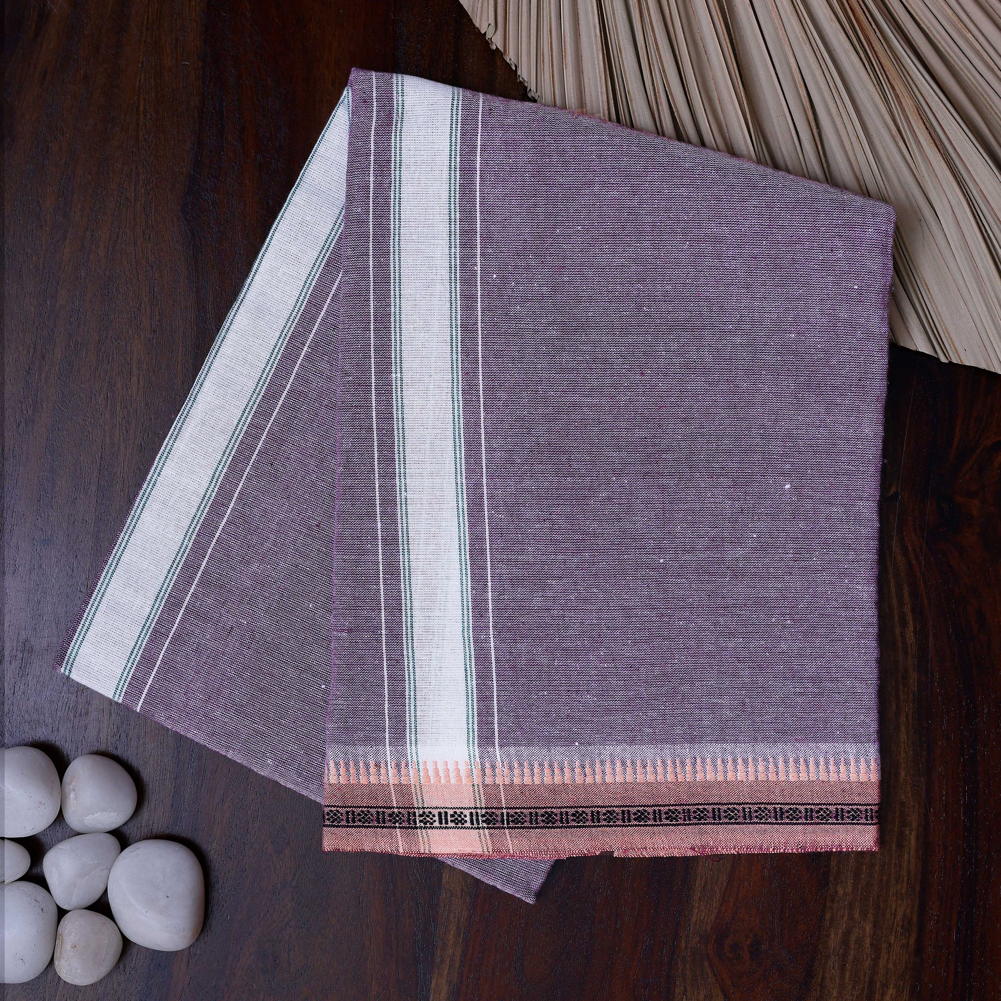 Men's Handloom Cotton Dhoti with Striped Pattern and Peach Border - Purple