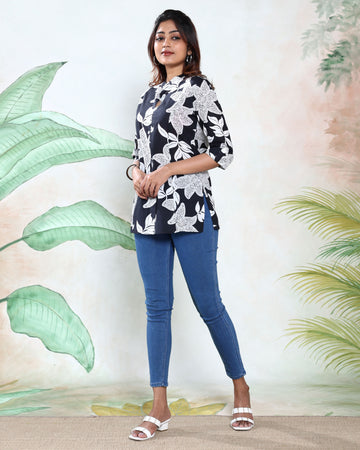 Women’s Floral Printed Straight Kurti with Mandarin Collar and 3/4th Sleeves - Black