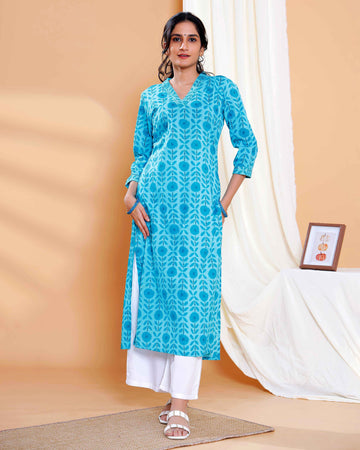 Print Straight Kurta with V-Neck and 3/4th Sleeves - Blue