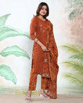 Women’s Printed Readymade Salwar Suit Set with Straight Kurta Matching Pants and Dupatta, Orange