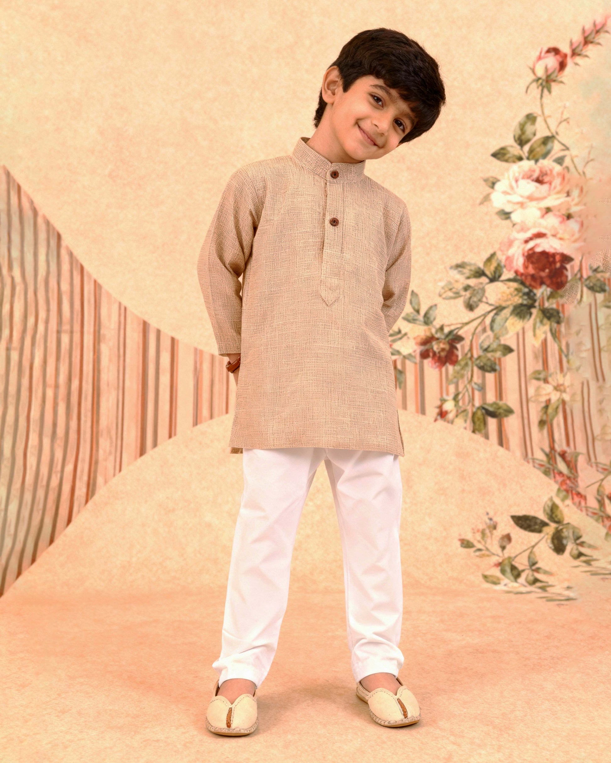Boys Festive Kurta Set with Mandarin Collar, Beige