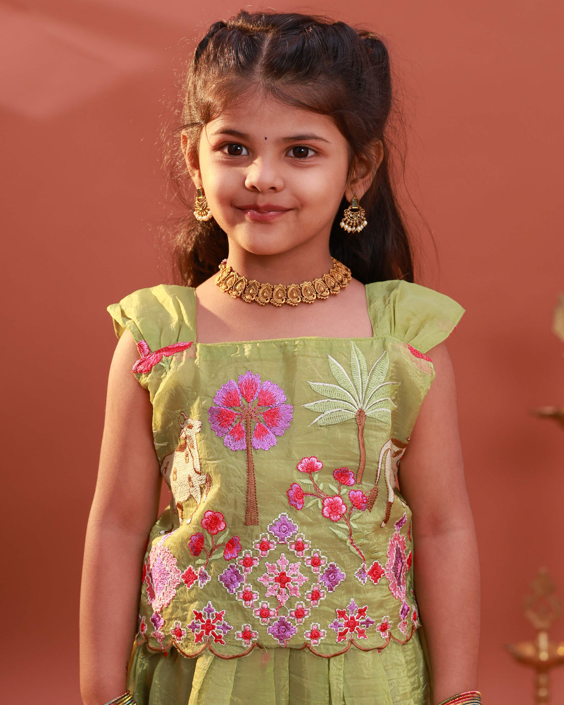 Traditional Kids Readymade Pattu Pavadai Set with Zari and Floral Work - Green