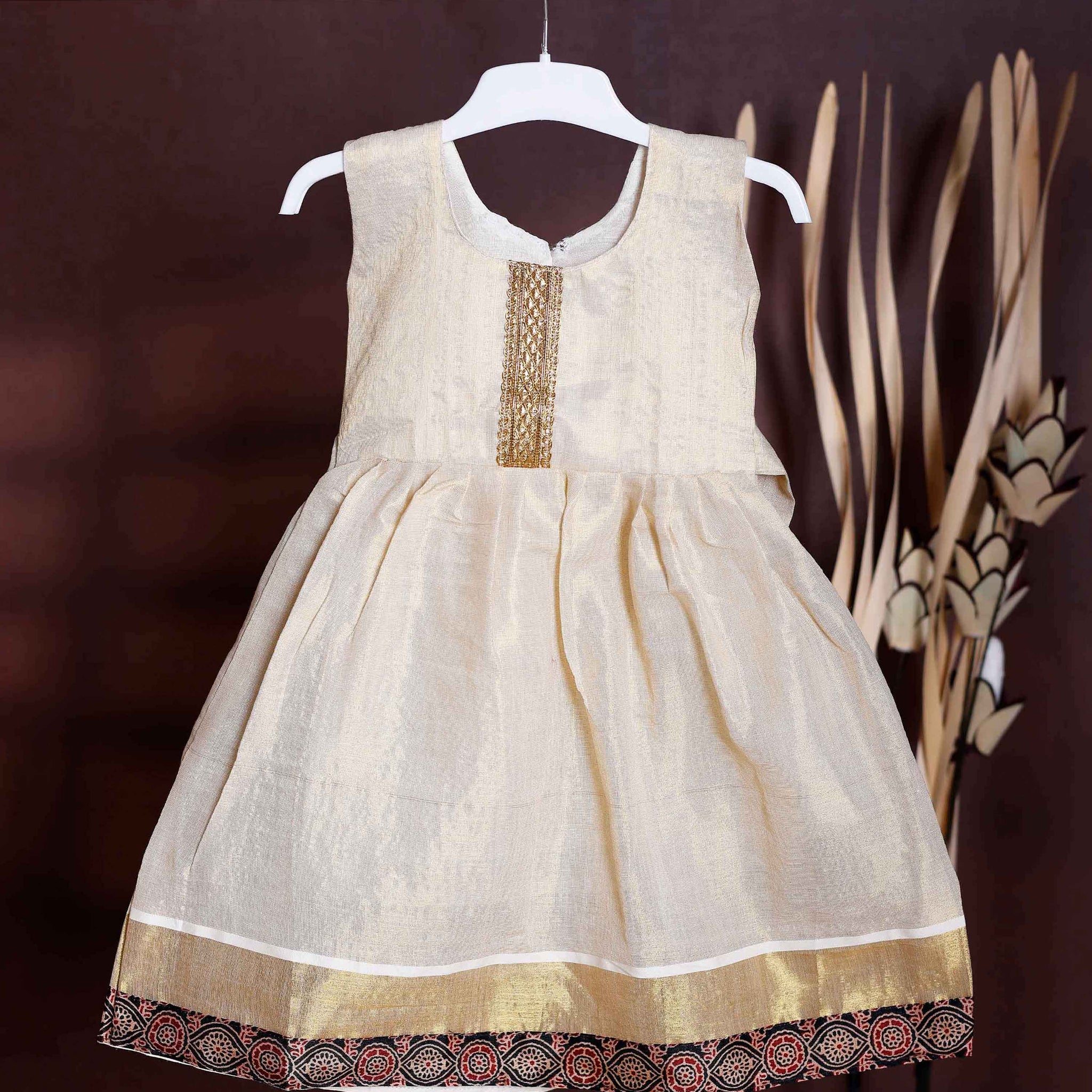 Girls' Traditional Kerala Kasavu Style Frock with Golden Border and Embroidered - Cream