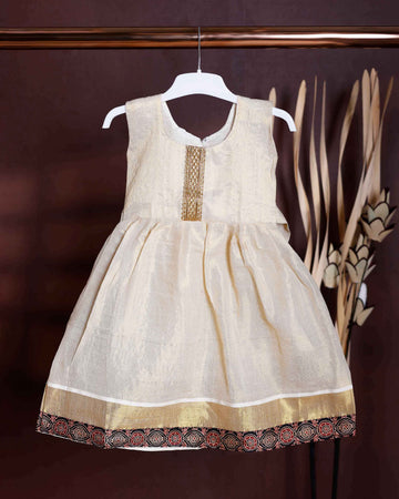 Girls' Traditional Kerala Kasavu Style Frock with Golden Border and Embroidered - Cream