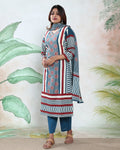 Women's Readymade Straight Kurta Salwar Suit Set With Zigzag And Striped Print, Teal, Side View