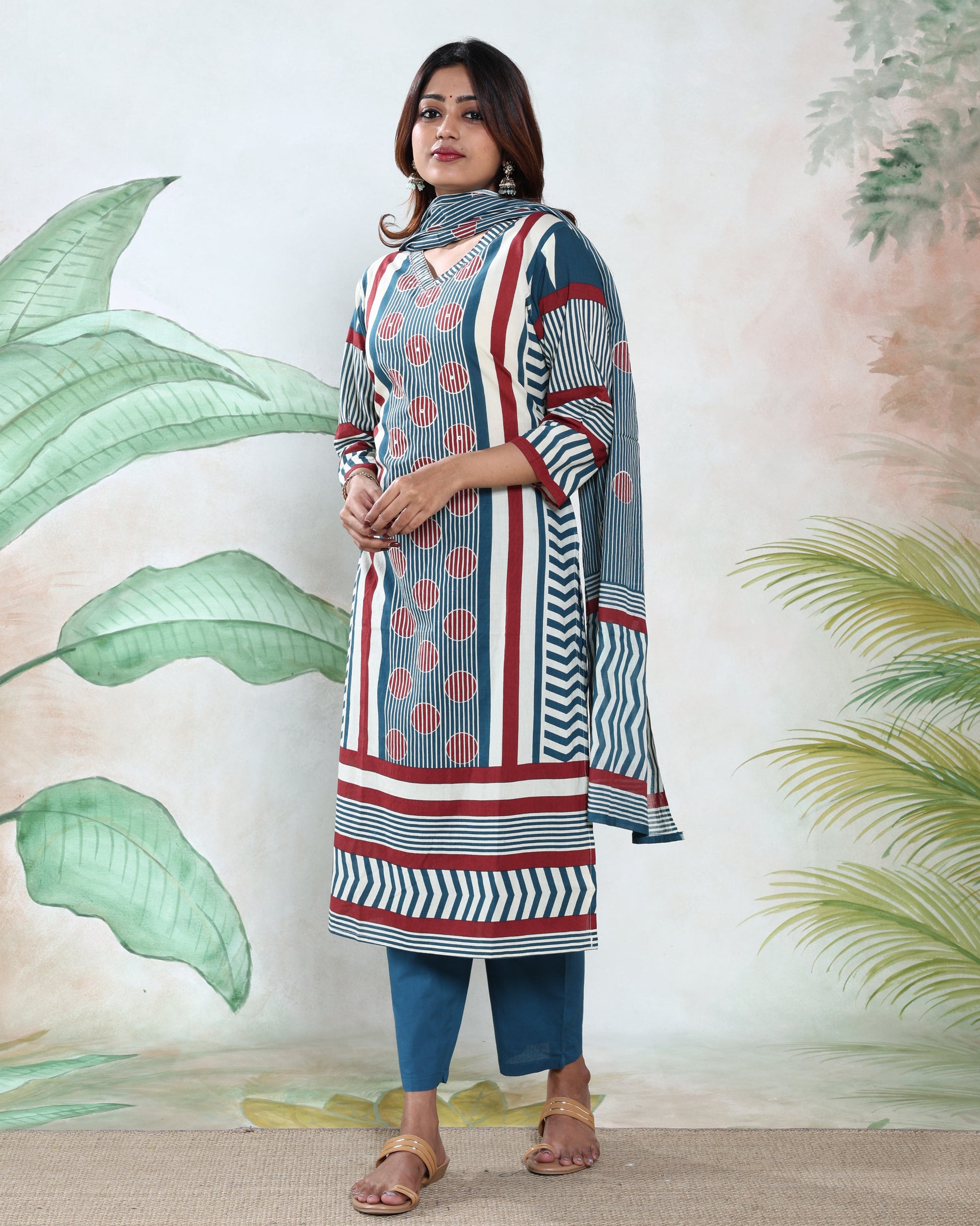 Women's Readymade Straight Kurta Salwar Suit Set With Zigzag And Striped Print, Teal, Side View