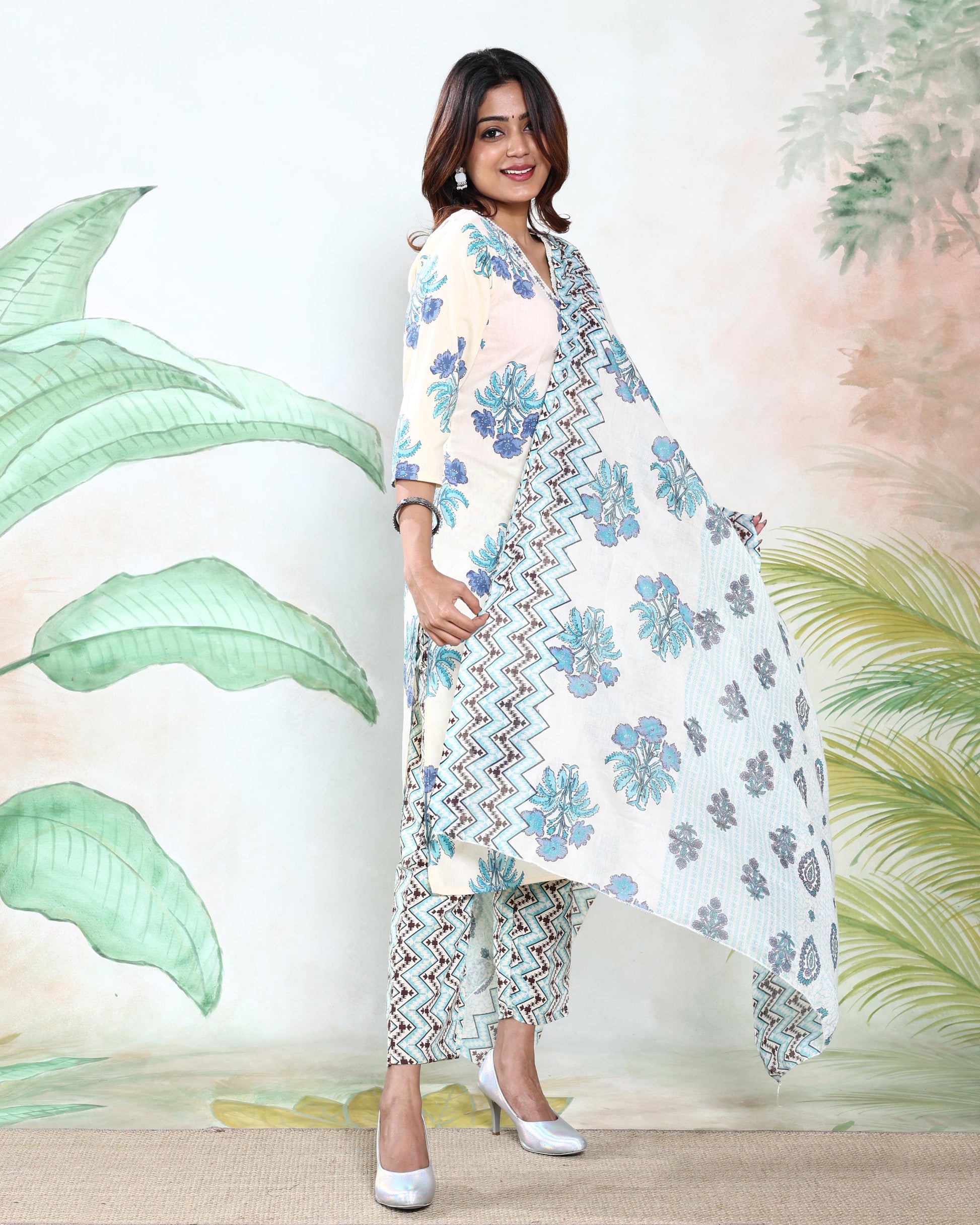 Women’s Polka Dot Printed Readymade Salwar Suit Set with Straight Kurta Matching Pants and Coordinated Dupatta, Off White