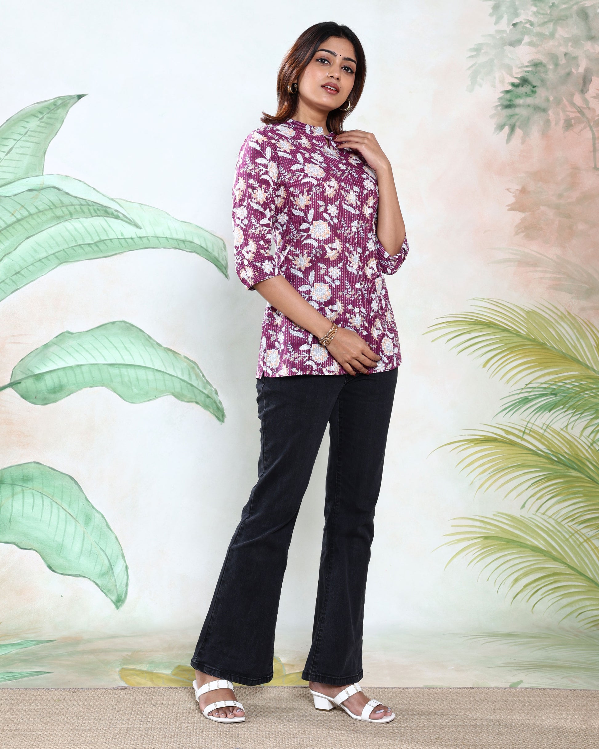 Women’s All-Over Floral Print Kurti with Mandarin Collar 3/4th Sleeves and Flared Hem, Dark Purple Side View