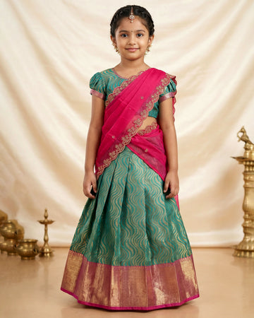 Traditional Girls Pavadai Dhavani Set with Zari Woven Jacquard Skirt Contrast Brocade Border and Embroidered Lace Dupatta -  Green and Pink
