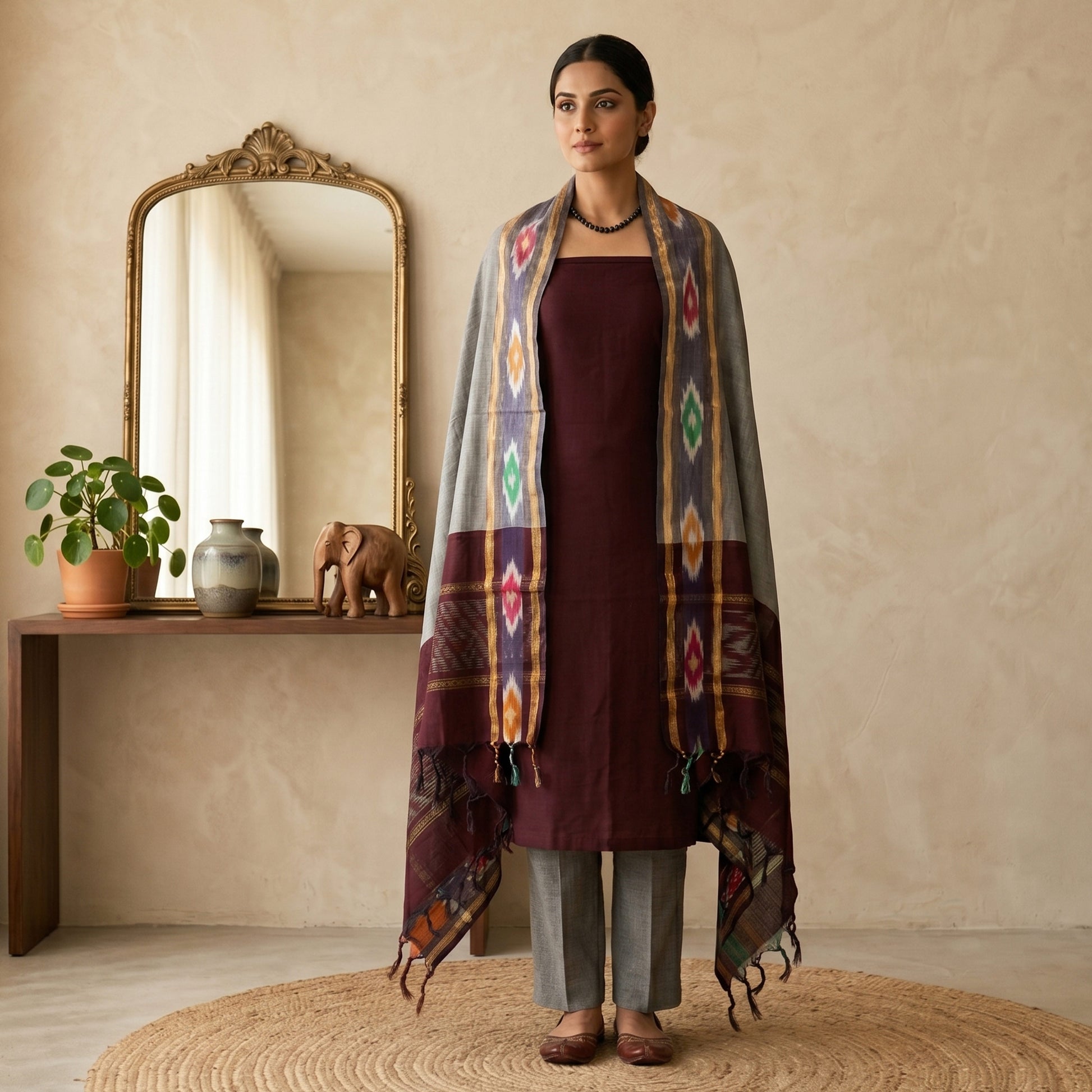 Maroon Salwar Material Set With Grey Pants Fabric And Colorful Ikat Dupatta Full Length Front View