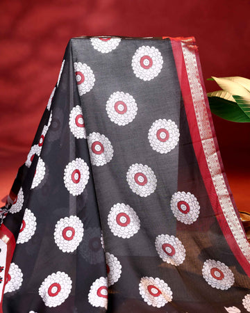 Elegant Semi Chanderi Saree with Floral Motif Print and Contrasting Zari Woven Border - Black