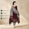 Maroon Salwar Suit Material With Gray Bottom Fabric And Colorful Ikat Dupatta - Front View