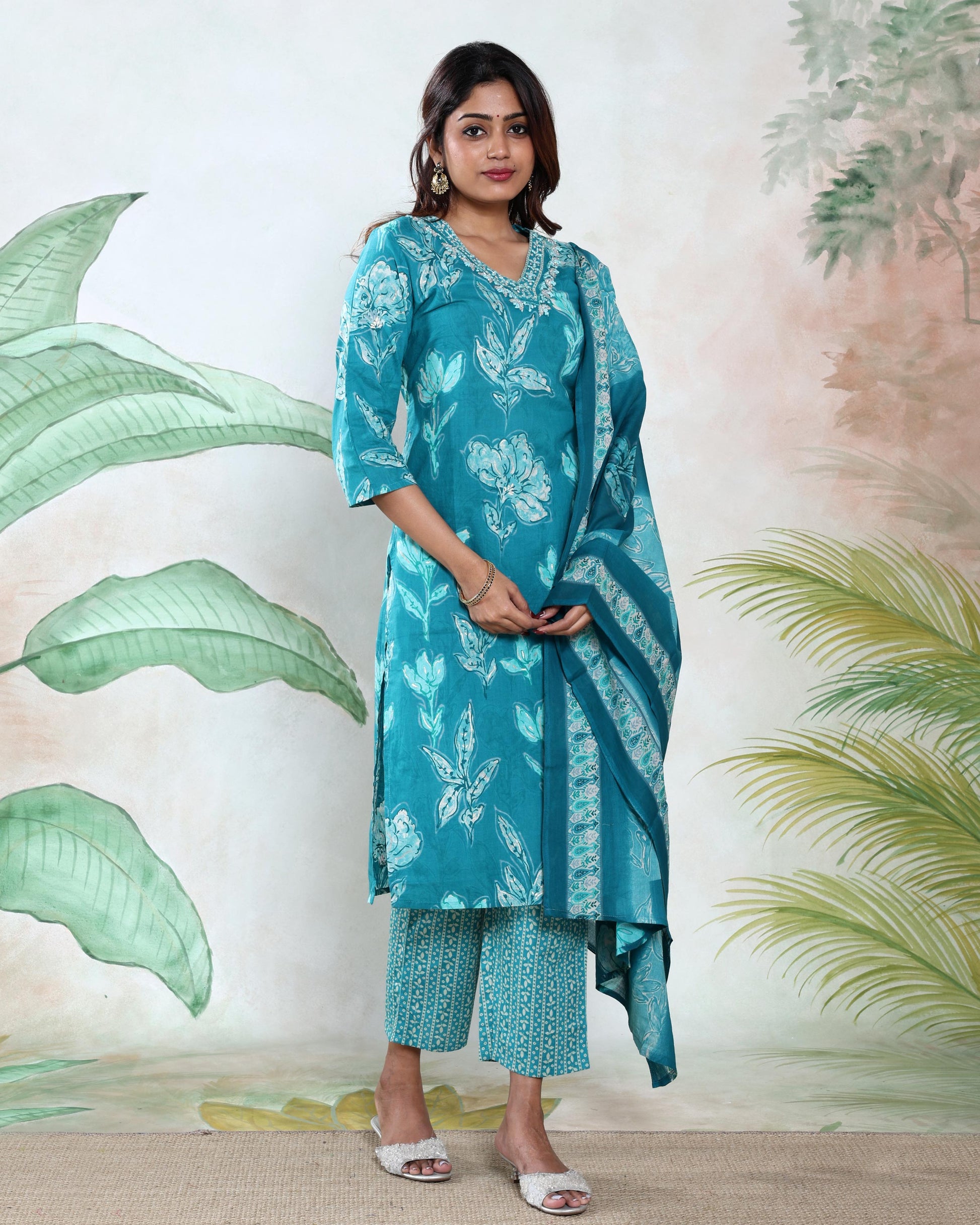 Women’s Polka Dot Printed Readymade Salwar Suit Set with Straight Kurta Matching Pants and Coordinated Dupatta, Apple Green