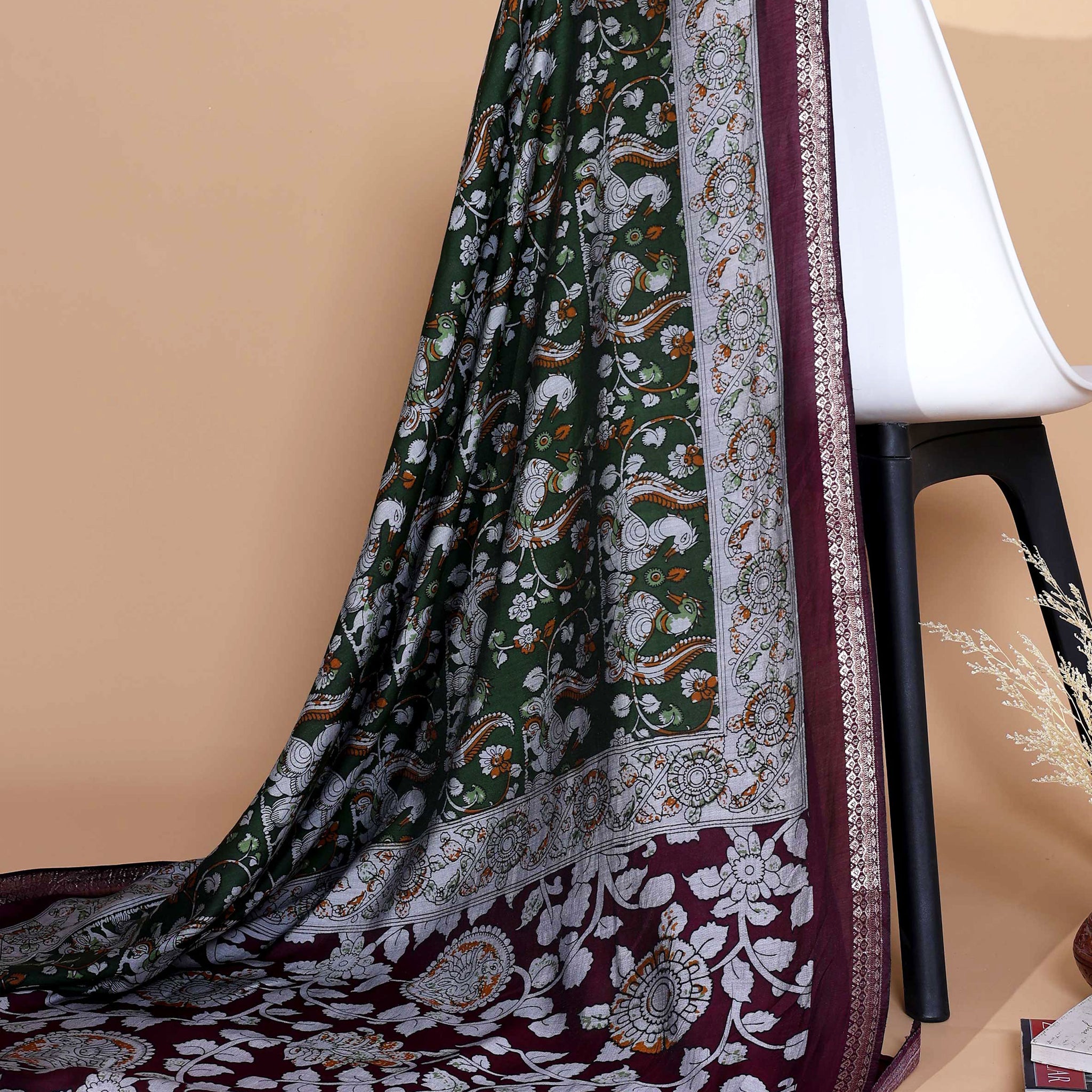Elegant Semi Chanderi Saree with Traditional Kalamkari Handcrafted Motifs and Intricate Zari Border - Green
