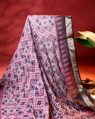 Elegant Semi Chanderi Saree with Intricate Geometric & Ikkat Inspired Motifs and Traditional Zari Border- onion pink
