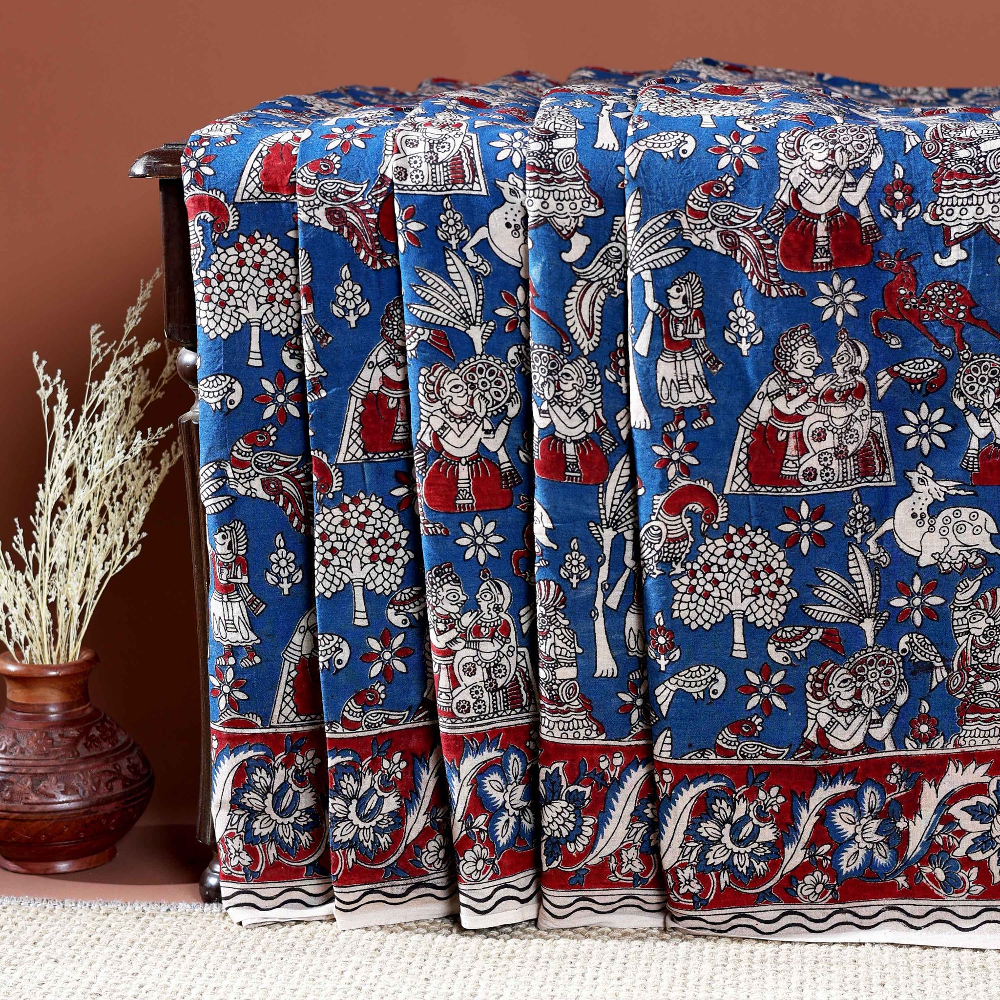 Traditional Handloom Kalamkari Cotton Saree with Intricate Floral and Avian Motifs - Navy Blue