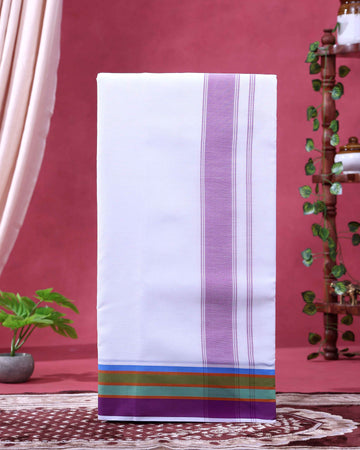 Men’s Traditional Handloom 9*5 Meter Cotton Dhoti with Multi Border - Off White