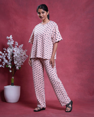 Women’s Printed Nightwear Set Short Sleeve Round Neck Top with Full Length Pajama Pants