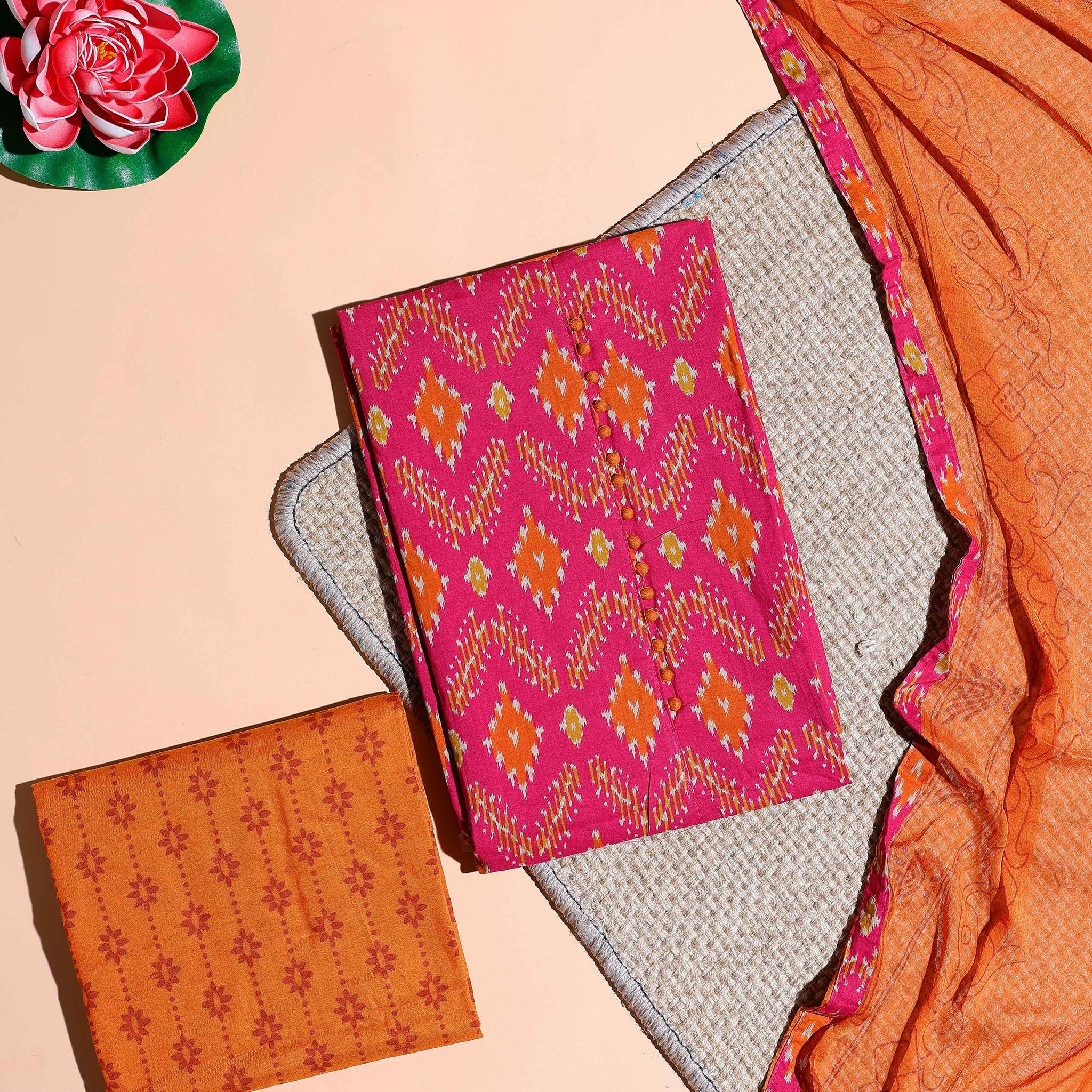 Women's Traditional Ikat Printed Cotton Salwar Material with Contrasting Bottom and Elegant Dupatta - Pink